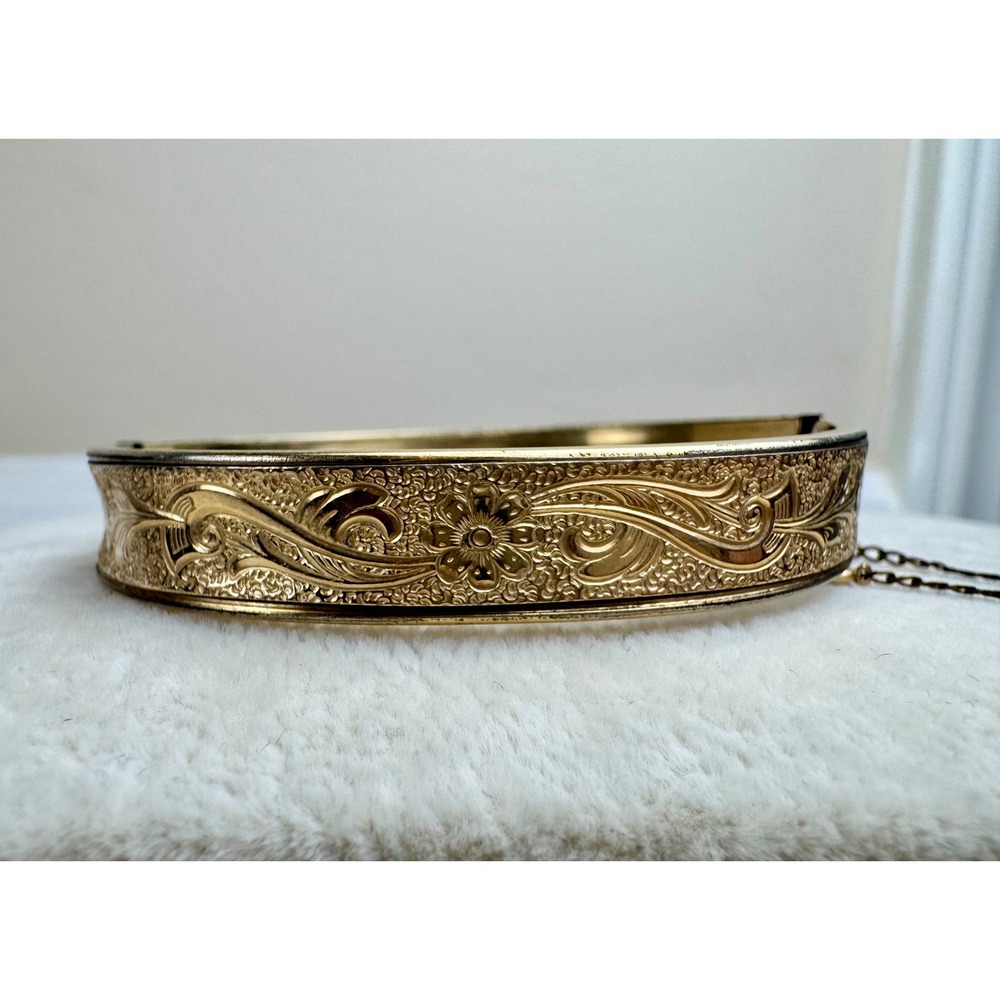 Krementz Vintage Gold Plated Etched Floral Hinged Bangle Bracelet Safety Chain - Picture 6 of 13